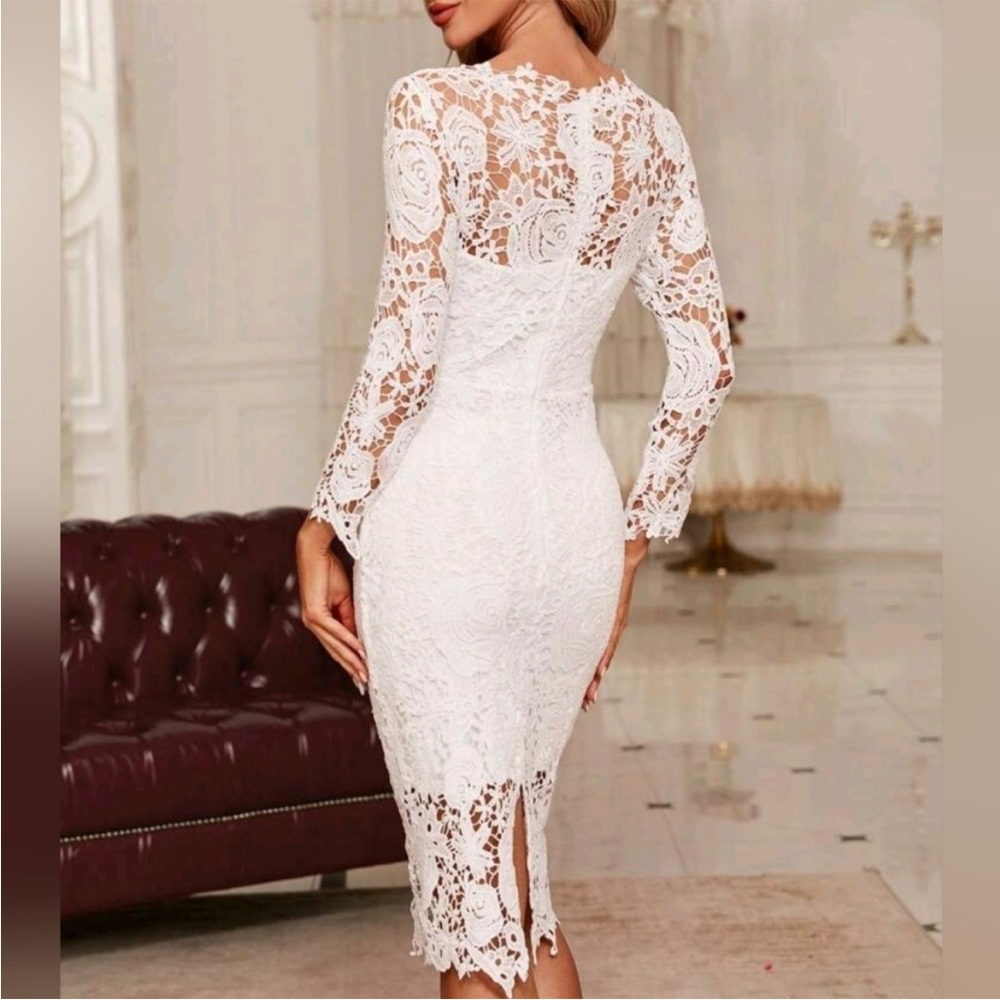 New Chic Sheer Embroidered Lace Illusion Bodycon Dress White